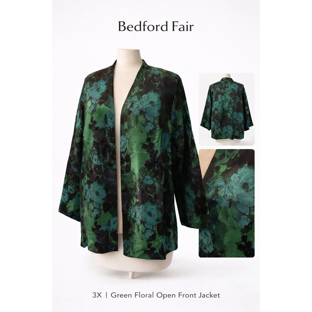 Bedford‎ Fair Green Floral Open Front Jacket 3X Watercolor Blazer Long Sleeve